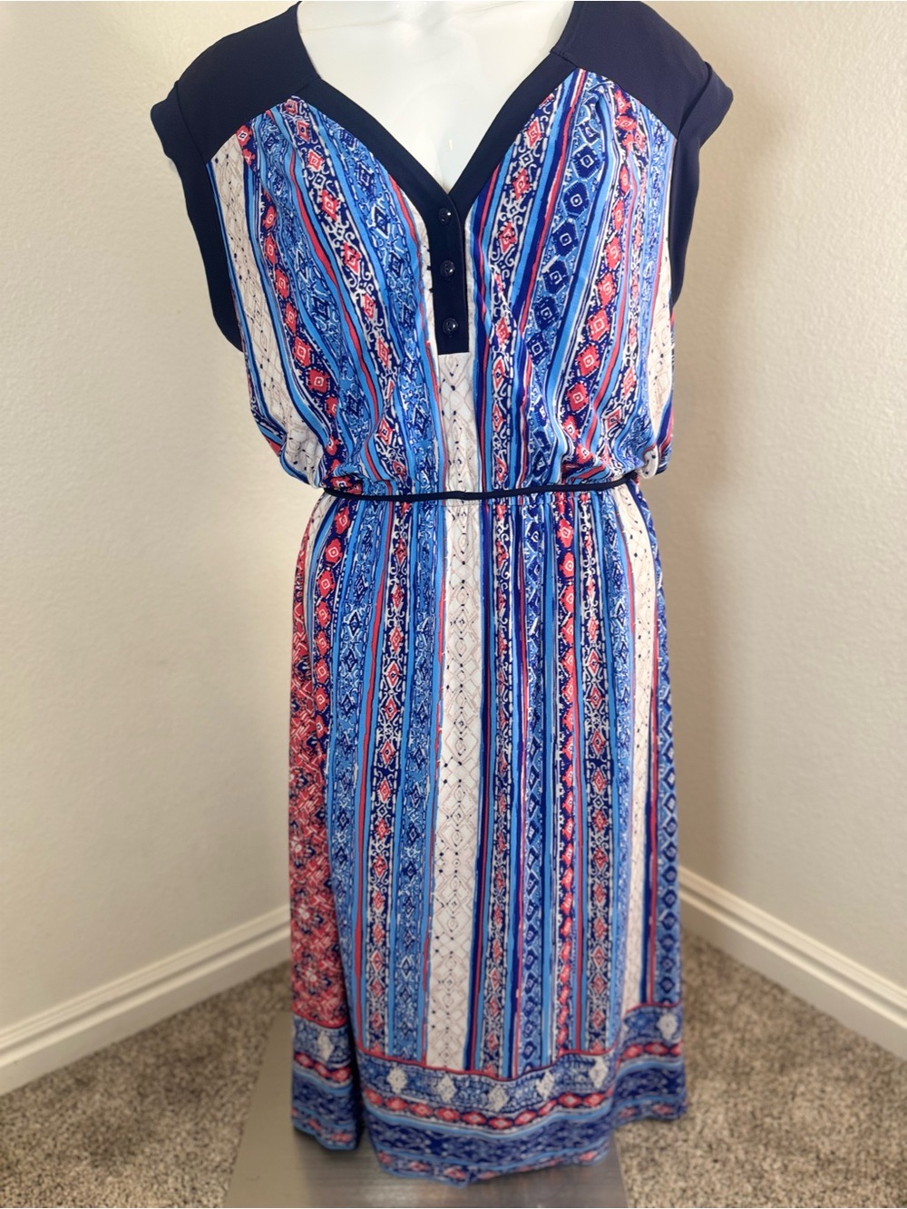 Enfocus Studio Navy, Blue, White and Red Striped Boho Dress